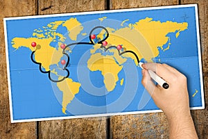 Itinerary World Map Travel Hand Marker Push-Pin