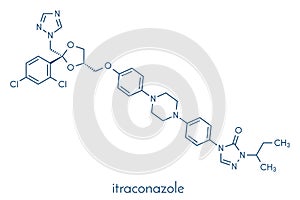 Itraconazole antifungal drug triazole class molecule. Skeletal formula.