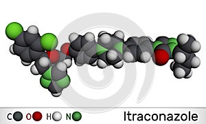 Itraconazole molecule. It is triazole antifungal drug used for the treatment of various fungal infections. Molecular model