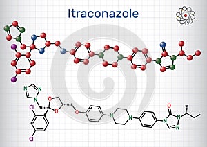 Itraconazole molecule. It is triazole antifungal drug used for the treatment of various fungal infections. Molecule model. Sheet