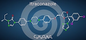 Itraconazole molecule. It is triazole antifungal drug used for the treatment of various fungal infections. Structural chemical
