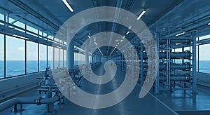 Industrial interior of a large scale reverse osmosis desalination plant