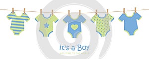 Its a boy cute welcome greeting card for childbirth with hanging baby bodysuits