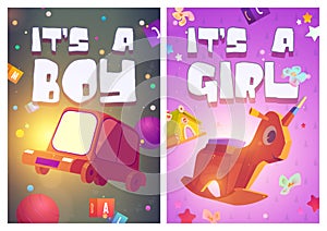 Its boy, girl poster, baby shower greeting card