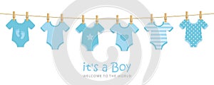 Its a boy welcome greeting card for childbirth with hanging baby bodysuits