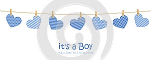 its a boy welcome greeting card for childbirth with hanging hearts