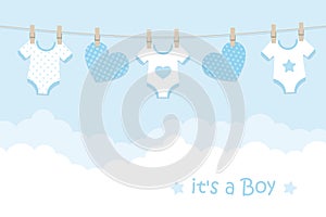 Its a boy welcome greeting card for childbirth with hanging hearts and bodysuits