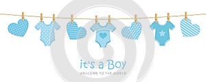 Its a boy welcome greeting card for childbirth with hanging hearts and bodysuits