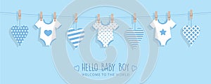 its a boy welcome greeting card for childbirth with hanging hearts and bodysuits