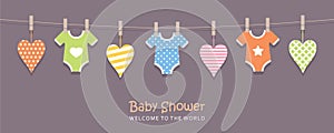 its a boy welcome greeting card for childbirth with hanging hearts and bodysuits