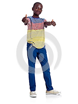 Its a definite Yes. Full length studio shot of an african teenage boy giving a double thumbs up in front of a white