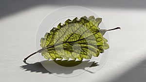 Its delicate shadow is visible beneath, showcasing the leaf s texture
