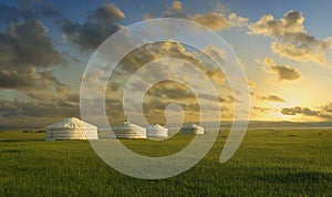 Sunset on a yurt , in the grassland of Mongolia