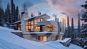 With its expansive windows framing picturesque snowy vistas this sleek mountain home is the ultimate tranquil getaway