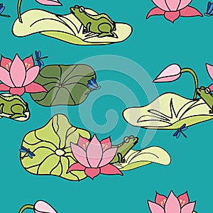 Its a frogs life, frog floating on lilypad among lotus flowers, lilys, seamless vector repeat