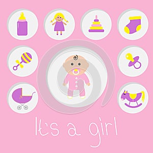 Its a girl. Baby girl shower card. Bottle, horse, rattle, pacifier, sock, doll, baby carriage pyramid toy. Pink background Flat