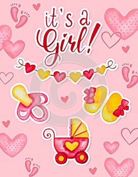 Its a girl baby shower card design. Hand drawn watercolor illustration with hearts dummy booties and baby carriage