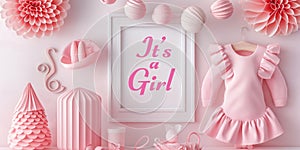 Its a Girl baby shower, newborn party pink background, cute minimal