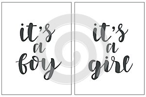 Its a girl and Its a boy text. Calligraphy, lettering design. Typography template for greeting cards, posters, T-shirt design. Iso photo