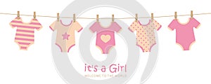 Its a girl cute welcome greeting card for childbirth with hanging baby bodysuits