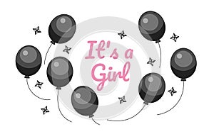 Its girl gender reveal balloons monochrome greeting card vector