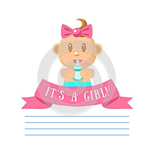 Its Girl Invitation Card Banner Template with Cute Little Baby Girl and Place for Text Vector Illustration,
