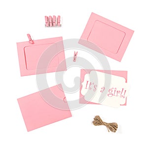 Its a Girl Pink baby shower cards white background flat lay