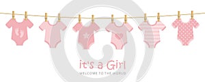 Its a girl welcome greeting card for childbirth with hanging baby bodysuits photo