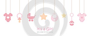 its a girl welcome greeting card for childbirth with hanging baby utensils