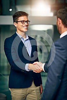 Its great to meet you. two handsome businessmen shaking hands in an office.
