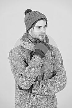 Its holiday time. Man wear warm clothes during winter holiday. Handsome man got cold and flu in winter. Cold season