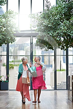 Its how they like to spend retirement. Full length shot of a two senior women out on a shopping spree.