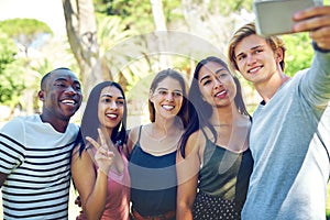 Its not a chill session until someone takes a selfie. a group of young friends taking a selfie together outdoors.