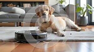With its powerful suction the robot vacuum effectively removes pet hair and allergens from carpets and rugs photo
