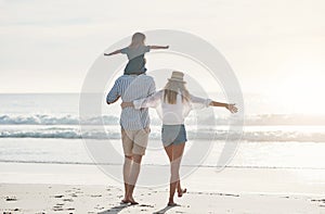 Its such a beautiful day to be on the beach. Rearview shot of an unrecognizable father carrying his daughter on his