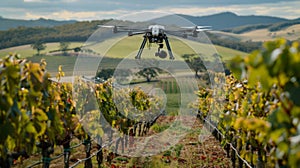 With its sy design and powerful solar panels a modern drone hovers above a picturesque vineyard collecting crucial data