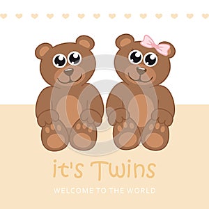 Its twins boy and girl welcome greeting card for childbirth with teddy bear