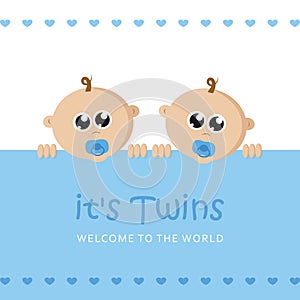 Its twins boy welcome greeting card for childbirth with baby face