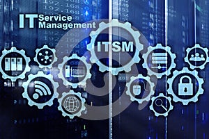 ITSM. IT Service Management. Concept for information technology service management on supercomputer background.