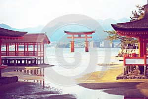 Itsukushima shrine, floating Torii gate, Miyajima island, Japan.