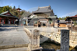 Itsukushima Shrine Treasure Hall, temple and stone bridge, Japan