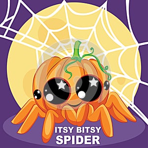 Itsy Bitsy Spider pumpkin Halloween, Kids English Nursery Rhymes book illustration in vector. photo