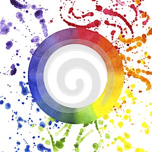 Itten color wheel, multicolor circle spectrum palette. Round frame with expressive colorful splashes and drops. Rainbow