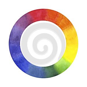 Itten`s color wheel, multicolor circle spectrum CMYK palette. Rainbow light gradient. Twelve part color RBG system. Hand