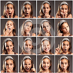 Ittle girl portraits with diferent expressions photo