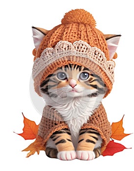 ittle kitten in a wool hat graphic for autumn