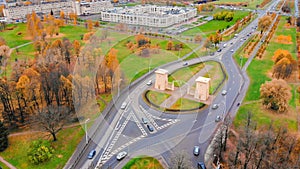 Ity traffic park street crossroad. Drone View of freeway busy city. Aerial view of the vehicular intersection