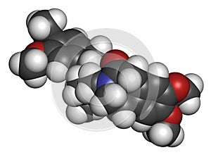 Ivabradine angina pectoris drug molecule. Atoms are represented as spheres with conventional color coding: hydrogen (white),