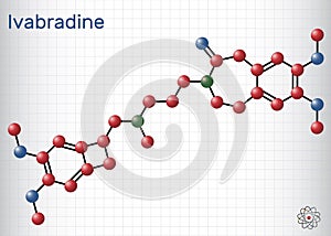 Ivabradine molecule. It is angina pectoris drug. Molecule model. Sheet of paper in a cage. Vector photo