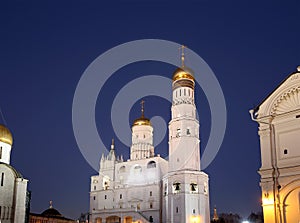 Ivan the Great Bell-Tower complex at night. Cathedral Square, Inside of Moscow Kremlin, Russia